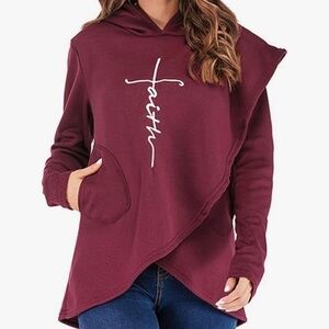 "Faith" asymmetrical burgundy hoodie sweatshirt size large
